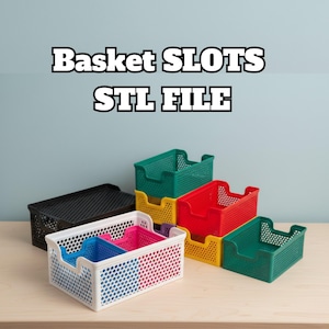 May include: A collection of colorful, perforated plastic baskets in various sizes and colors, including black, white, red, yellow, green, and pink. The text "Basket SLOTS STL FILE" is displayed at the top of the image.