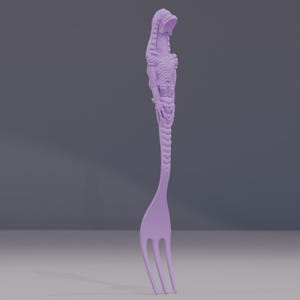 May include: A lavender-colored fork with a detailed, sculpted handle featuring a creature design. The fork's tines are curved, and the handle showcases intricate skeletal and textured elements. The overall design is stylized and unique.