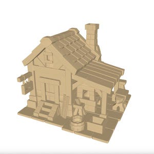 May include: A light brown, miniature wooden house with a chimney, a sloped roof, and a small porch. The house has a door, a window, and a sign hanging from the side. The overall design is reminiscent of a rustic cabin or cottage.