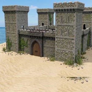 May include: A stone castle with four towers and a wooden door, set on a sandy beach with the ocean in the background. The castle walls are made of gray stone, with some green vines growing on them. The sky is blue.