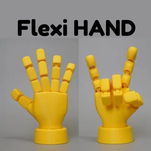 May include: A yellow Flexi HAND, a poseable hand model, is shown in two positions. One hand is open, and the other is making a rock-and-roll hand gesture. The text "Flexi HAND" is above the hands.