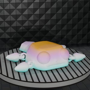 May include: An abstract sculpture in pastel shades of yellow, lilac, and turquoise. The sculpture features a rounded, cube-shaped body with large, circular eyes and four wing-like elements. It sits on a circular platform with grey and black stripes.