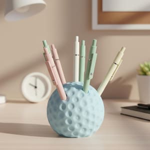Peut inclure: Un porte-stylos en forme de balle de golf bleu clair rempli de stylos aux couleurs pastel. Les stylos sont roses, verts, blancs et jaunes. Le porte-stylos est posé sur un bureau de couleur claire avec une horloge et un carnet en arrière-plan.