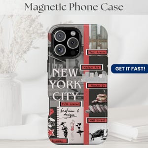 Magnetic New York Skyline Coquette Aesthetic Collage iPhone Case, New York City Urban iPhone Case, New York Fashion, Broadway Show