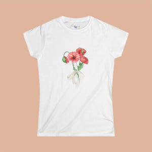 Women&#39;s Softstyle Tee with Poppies, Poppy Bouquet, Floral Shirt, Hand-Painted Poppies, Spring Floral Top, Casual Shirt for Women