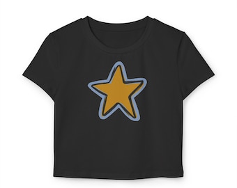 Women's Baby Tee with Gold Star, Crop Top, Graphic Tee, Slim Fit, Mid-Length T-Shirt, Trendy Women's Tee, Chic Casual Top, Cute Star Design