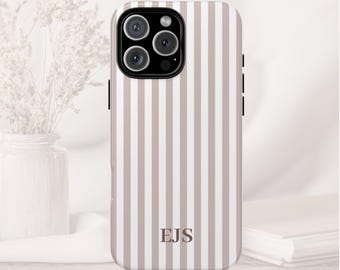 Custodia monogrammata a righe marrone personalizzata, resistente e colorata, custodia per telefono personalizzata per iPhone 16, Galaxy S25, Pixel 9, regalo monogramma preppy