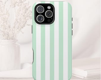 May include: A mint green and white striped phone case. The case has a glossy finish and a black camera module with three lenses. The case is designed to fit a smartphone and has black buttons on the side.