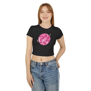 Pink Disco Ball Women&#39;s Baby Tee, Fun Disco Graphic Shirt, Retro Pink, 70s Style Shirt, Trendy Women&#39;s Top, Crop Top, Disco Fever