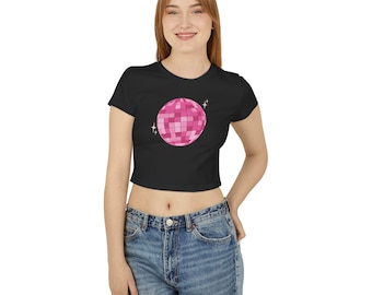 Pink Disco Ball Women's Baby Tee, Fun Disco Graphic Shirt, Retro Pink, 70s Style Shirt, Trendy Women's Top, Crop Top, Disco Fever