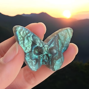 Hand Carved Labradorite Skull Butterfly I Labradorite Stone Carving I Unique Butterfly Crystal I Skull And Butterfly Mashup I Natural Art