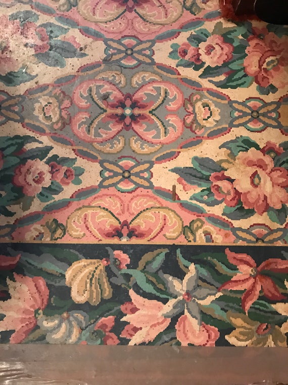 Vintage 1940s Linoleum Rug Pink Green Floral Exquisite Extra Etsy