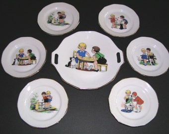 Rare 1930s French Children's Dish Set, Limoges, Girl Boy Dog Cat Duck Fish, TheRetroLife