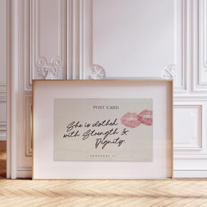 Pink Christian Girly Wall art Proverbs 31, She Is Clothed in Strength & Dignity Postcard Christian Printable | Digital Download