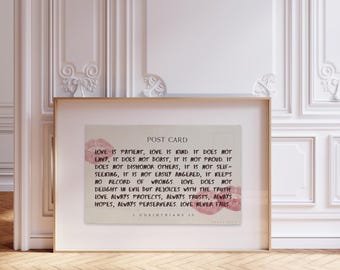 Christelijke kunst aan de muur Girly Bijbelvers 1 Korintiërs 13 Liefde is geduldig, liefde is vriendelijk Schrift (digitale download)