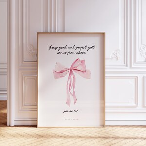 Every Good & Perfect Gift Christian Wall Art Pink Bow Ribbon Bible Verse Decor James 1:17 Scripture Print Nursery Art | Digital Download