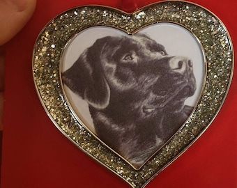 3x3" Heart Shaped Silver Sparkly Custom Christmas Ornament Hand Drawn Pencil Portrait of Your Pet's Image from Photos