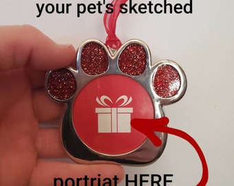 3x3" Custom Paw Print Christmas Ornament with Your Pet's Hand Drawn Pencil Portrait Inside