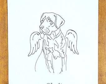 Custom Simple Line Dog Drawing with Angel Wings Thoughtful Gift Idea for Those Who Have Lost a Pet 7x11" size budget friendly, ships fast
