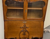 Antique solid oak display cabinet drop front secretary 34W16D28H74H Shipping is not free