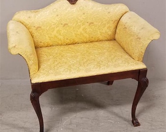 Antique Diminutive Hall Seat Settee Yellow Tapestry Upholstery Claw Feet 33w19d18.5h30h Shipping is Not free