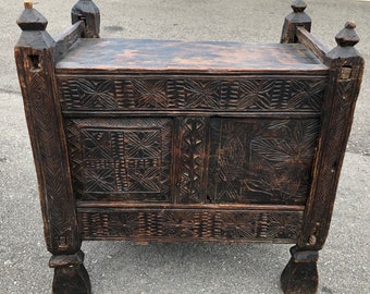 Antique 18thc primitive highly carved dark wood chest 15d25w25.5h shipping is not free
