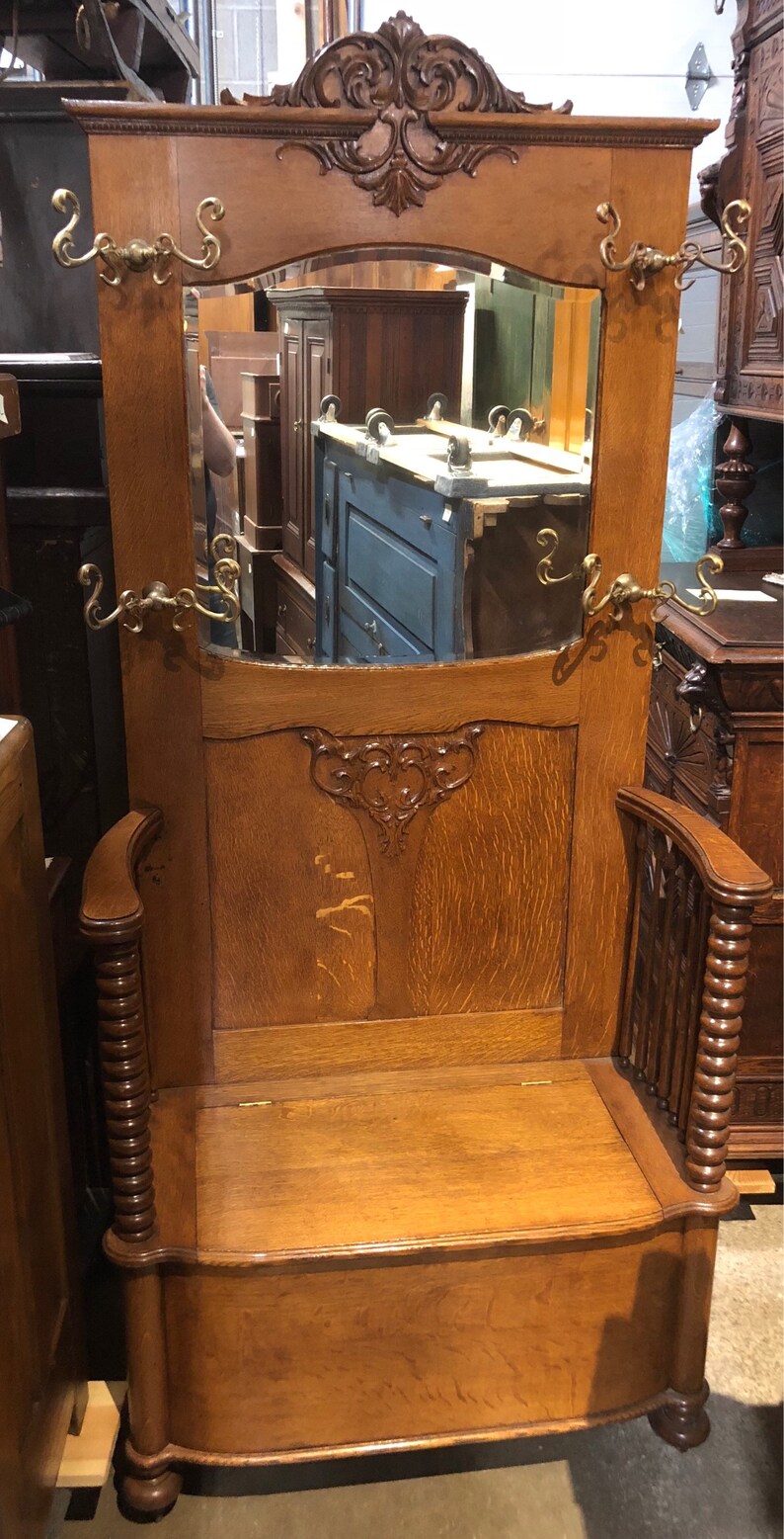 Antique Solid Oak Mirror Hall Tree Bench Brass Hangers Spiral Etsy
