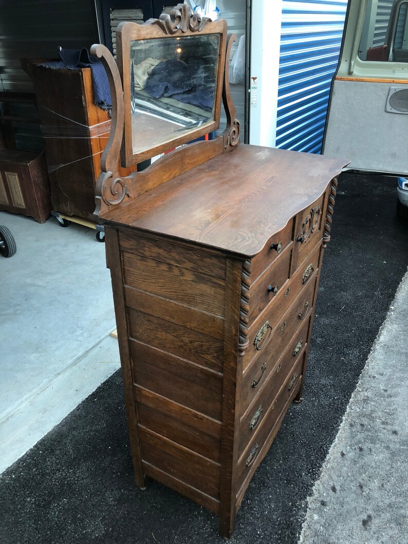 Early Antique Oak Highboy chest with mirror hat box Etsy
