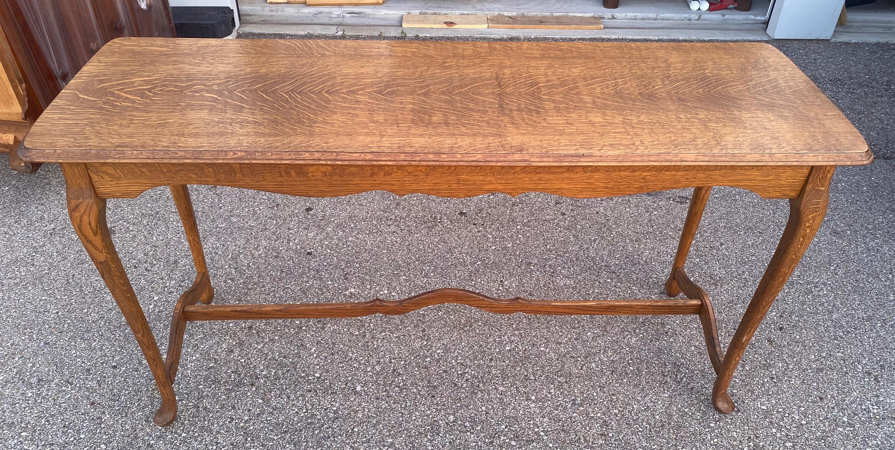 Antique Ohio Solid Tiger Oak Console Sofa Table Tressel Base