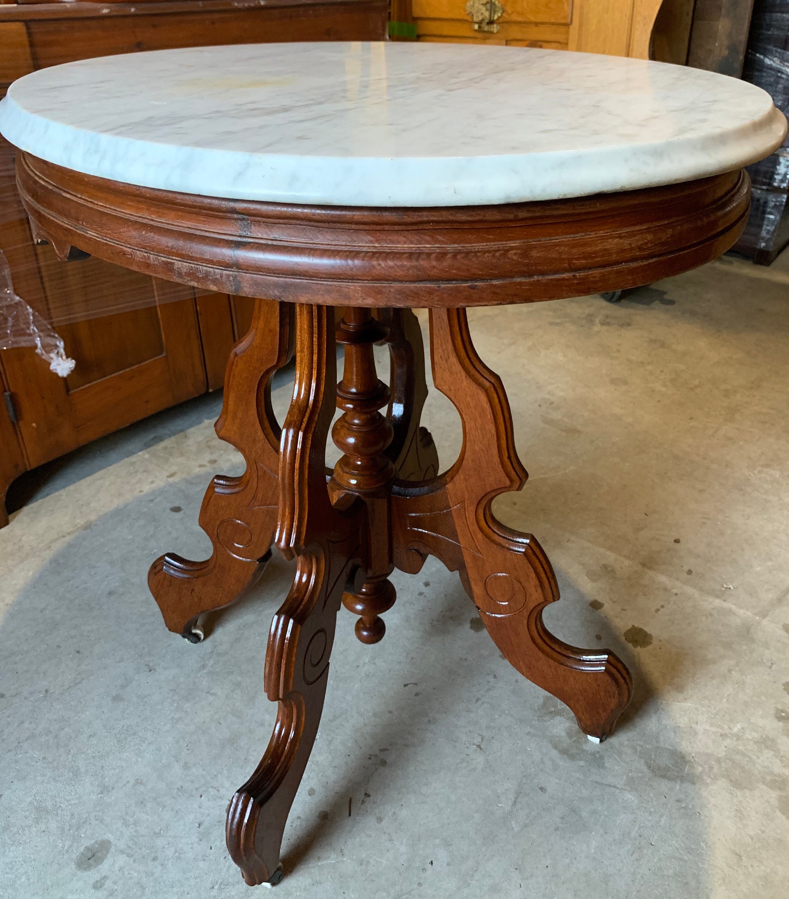 Antique Victorian Marble Top Oval Parlor Table Walnut 24d32w30h