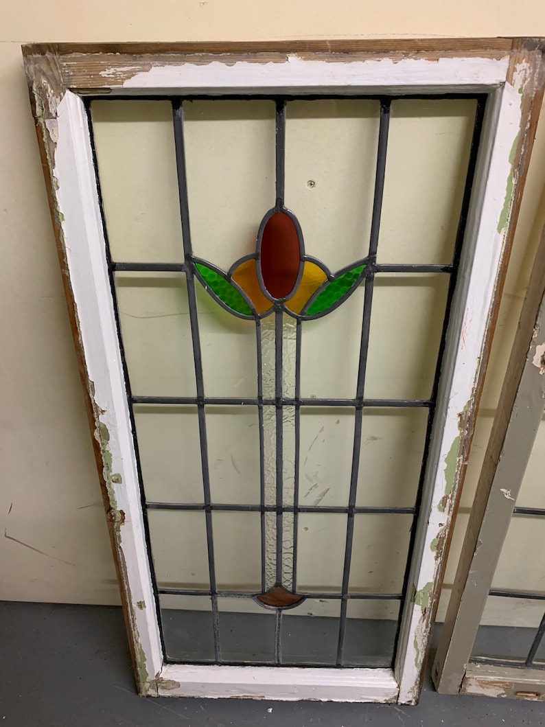 2 Antique English Stained Glass Windows Center Flowers Red Etsy