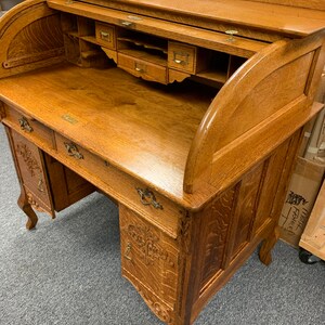 Beautiful antique Macey solid oak paneled roll top desk 40W28D30H44H Shipping is not free image 4