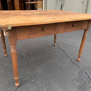Primitive Sheraton 19th c PA pine pin top table 2 drawers 22h29.5h39.5d51w Shipping is not free