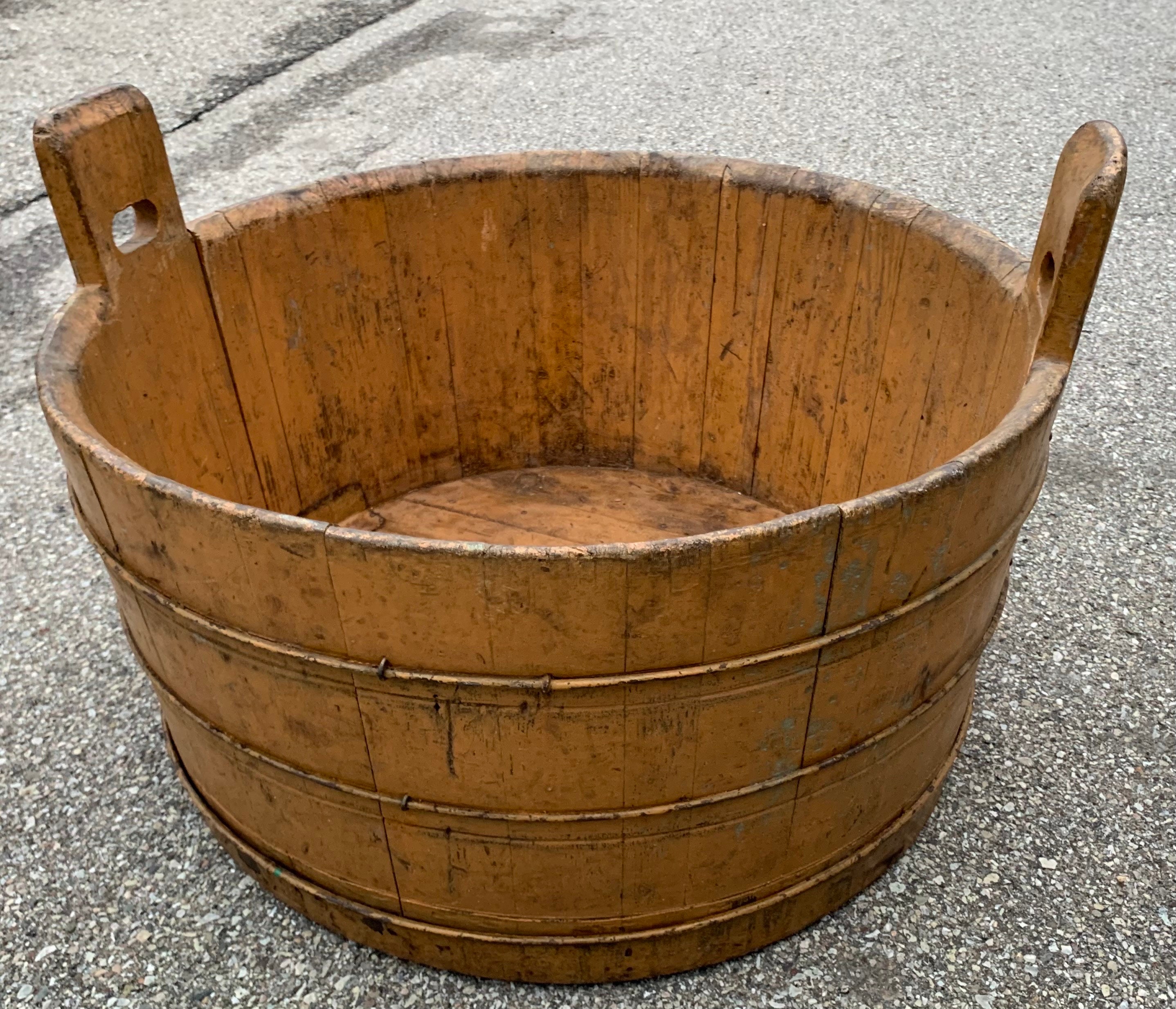 Antique New England Primitive Wood Wash Tub Basket With Handles