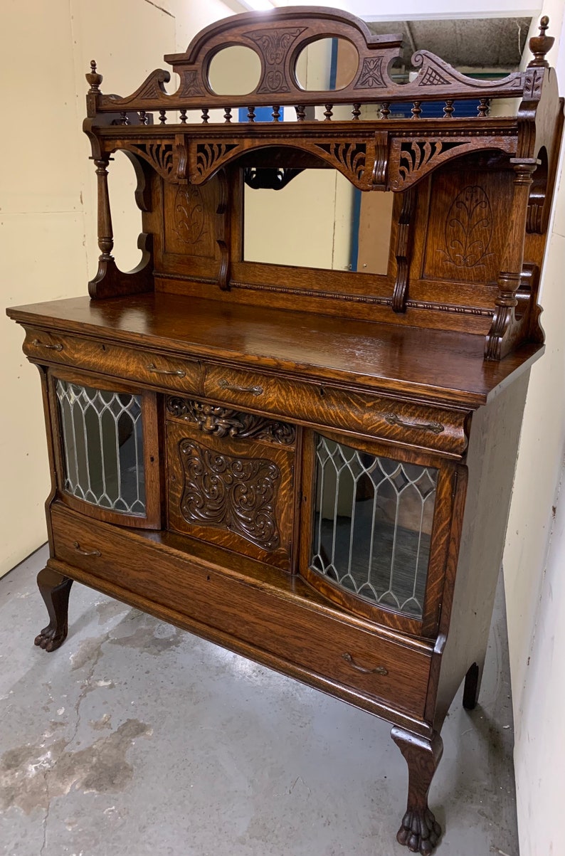 Antique Quarter Sawn Oak Sideboard Buffet Leaded Glass Doors Etsy