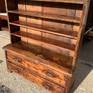 primitive New York 1800s diminutive stepback cupboard 2 drawer 15.5H38.5H11.5D7D35W Shipping is not free