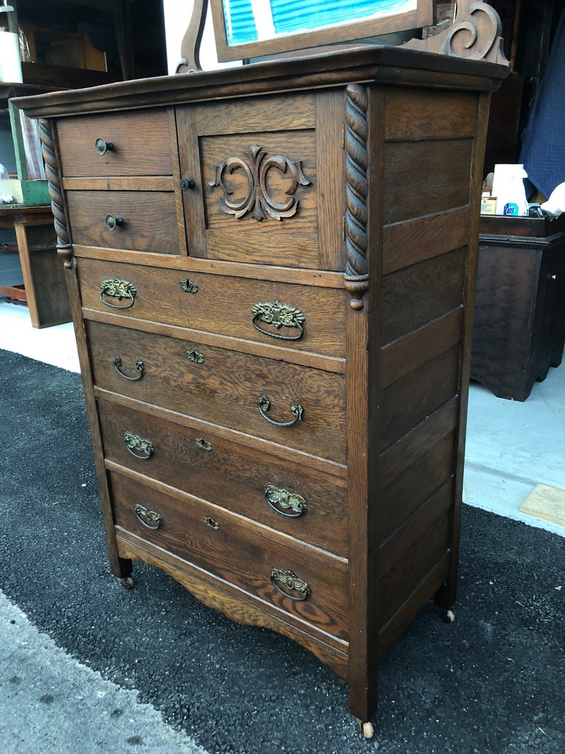 Early Antique Oak Highboy chest with mirror hat box Etsy