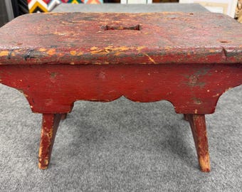 Antique primitive New England red painted footstool 1800's  9.5x18.5x11