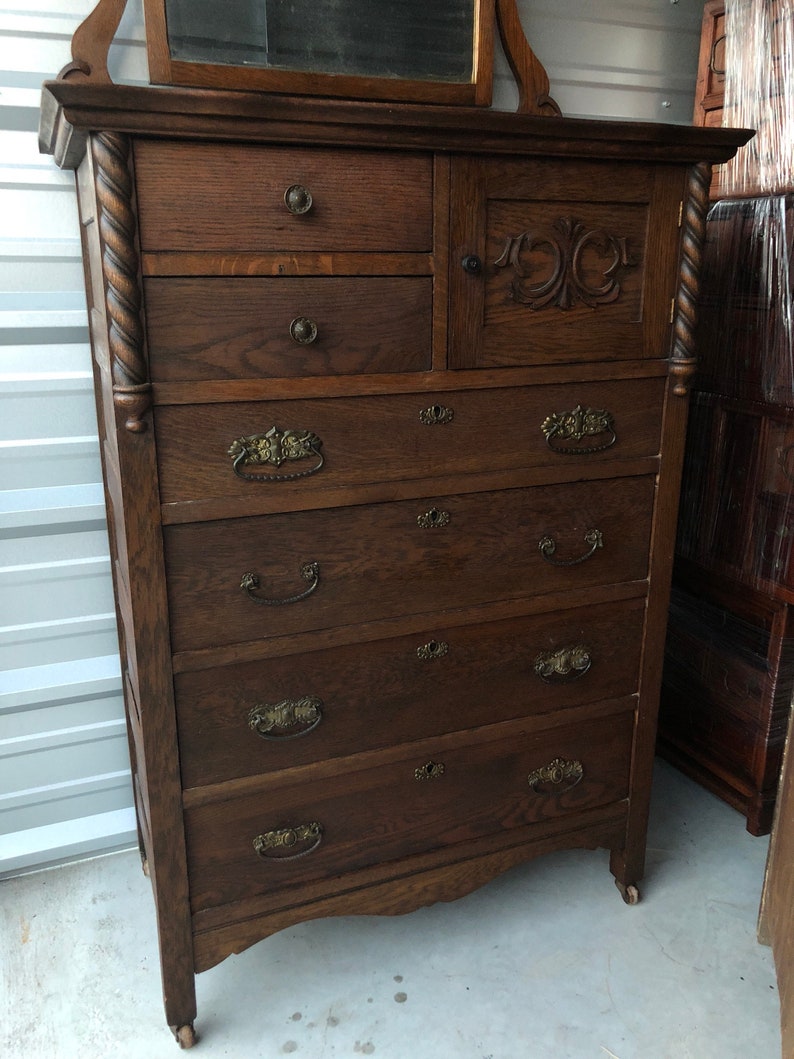 Early Antique Oak Highboy chest with mirror hat box Etsy