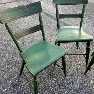4 Southern primitive plank seat chairs  handpainted in green 18h32h15d16w Shipping is not free