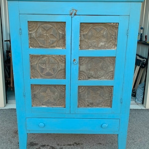 Monumental antique North Carolina blue painted pie safe 12 star tins 66h21.5d47w Shipping is not free