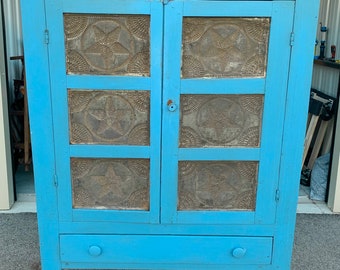 Monumental antique North Carolina blue painted pie safe 12 star tins 66h21.5d47w Shipping is not free