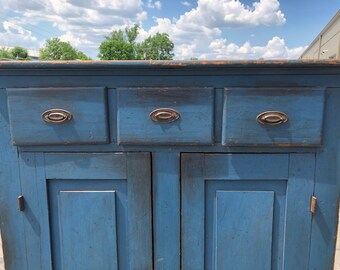 Primitive 1800's Hudson Valley NY Original Painted Blue Cupboard