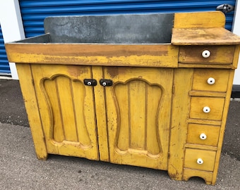 Primitive Pennsylvania Dry sink zinc lined yellow paint 5 drawers 37.5H47W20D shipping is not free