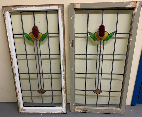 2 Antique English Stained Glass Windows Center Flowers Red Etsy Finland