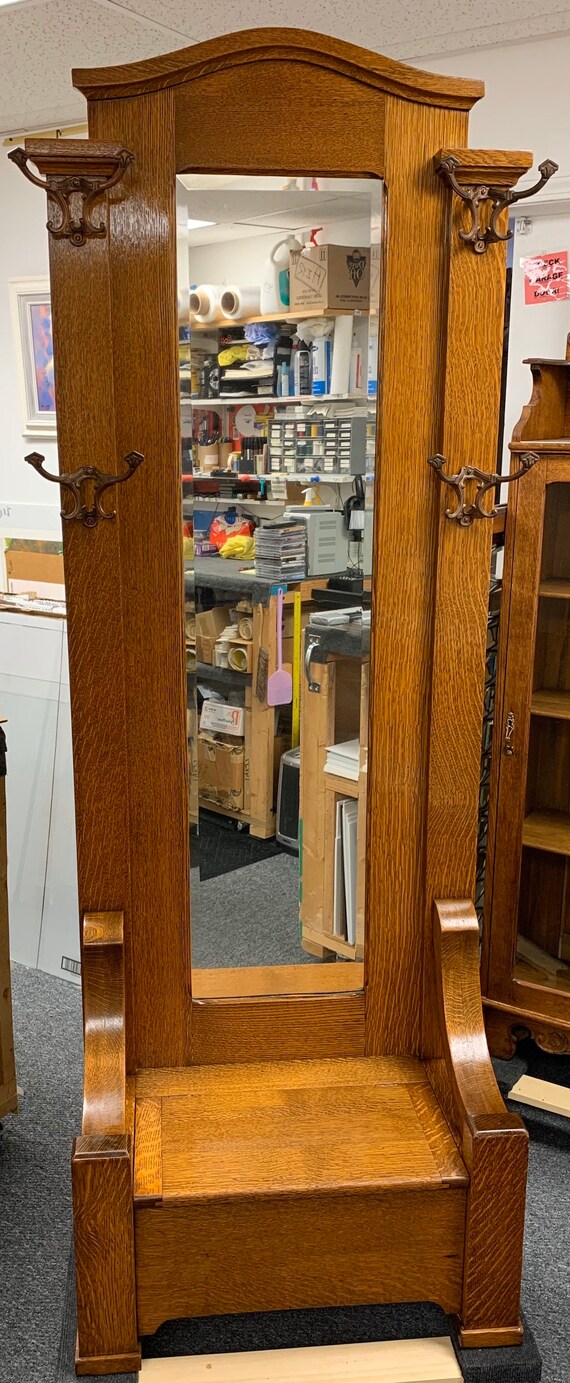 Antique Mission Oak Hall tree mirror bench 30W15D78H Shipping Etsy
