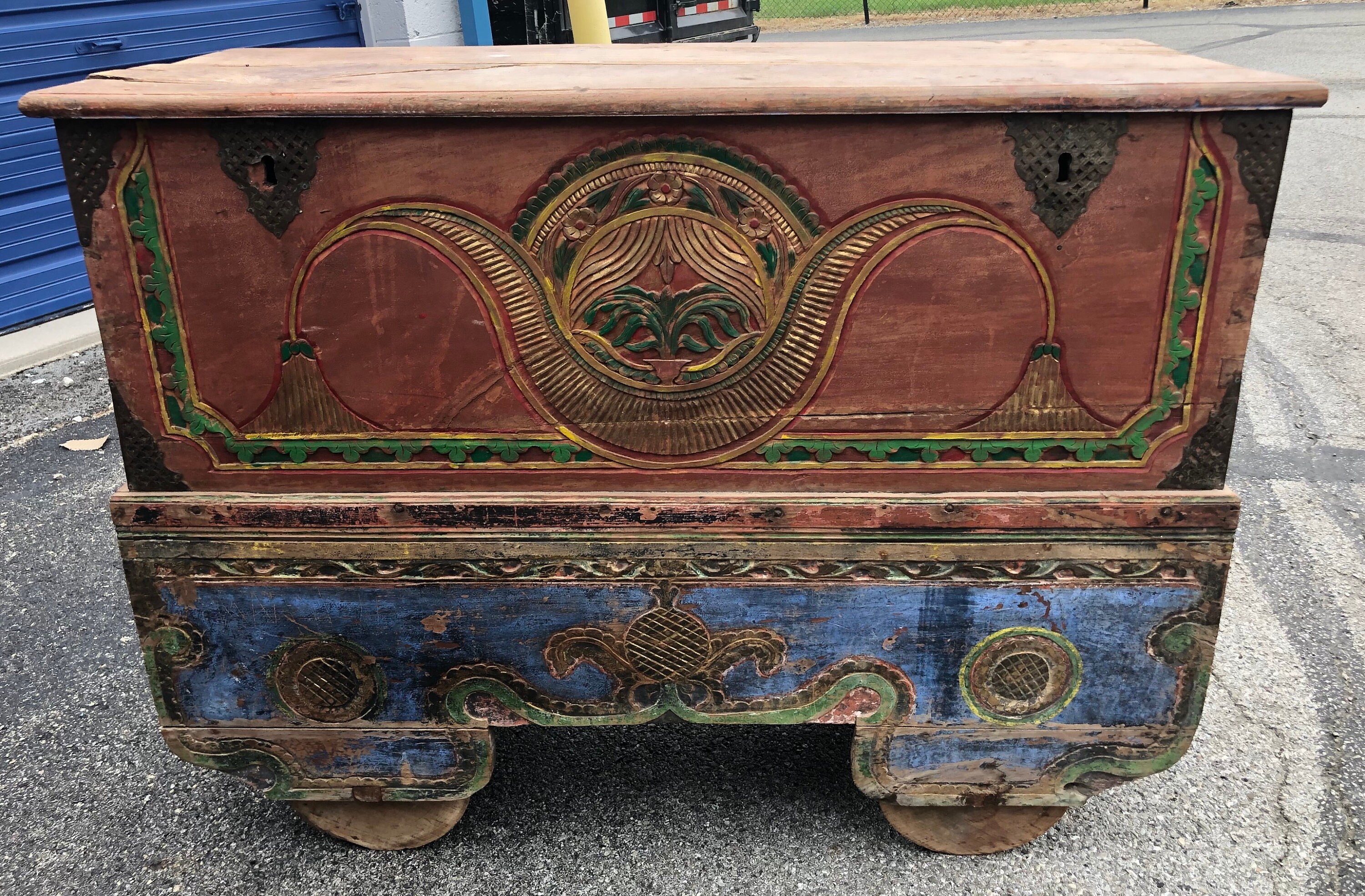 Antique Continental 1800's Carved Painted Chest on Wood