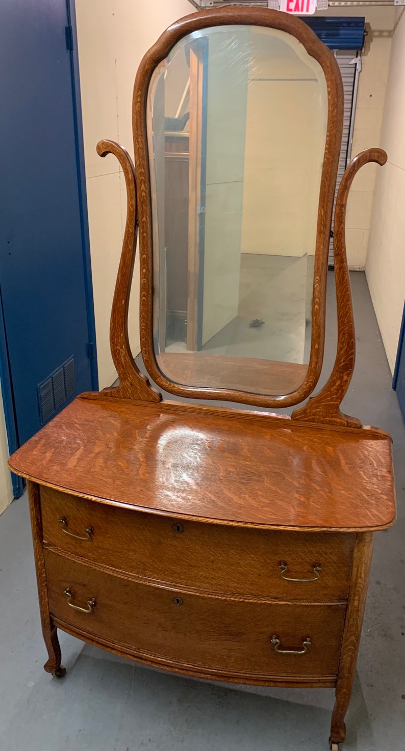 Antique American Tiger Oak Princess Dresser Two Drawer Beveled Etsy