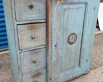 Primitive Virginia 1800s pine food safe cupboard original blue chippy paint 17.5d42h37.5w shipping is not free
