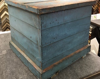 Primitive original blanket box old blue paint square nails 25.75w25.75d23h Shipping is not free